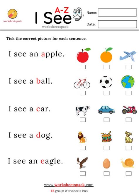 Free I see worksheets pack for kids. Tick the correct picture for each sentence. Free I see sentences for kids Download Pre Reading Worksheets, Sentence For Kindergarten, I See Sentences Kindergarten, I See Worksheet, Alphabet Sentences Free, Picture Reading For Kids, Preschool English Worksheets For Kids, English Lessons For Kids Preschool, Alphabet Worksheets Free Printable