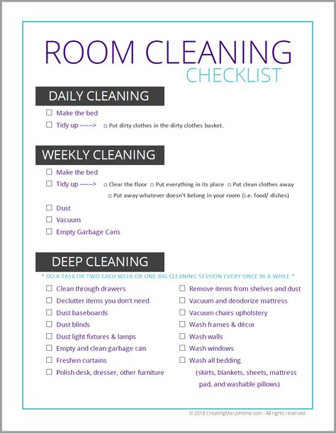 Room Cleaning Checklist (for tweens & teens) - creatingmaryshome.com Room Cleaning Checklist, Clean Room Checklist, Schedule Ideas, Room Cleaning Tips, Daily Cleaning Checklist, Room Checklist, Room Cleaning, Deep Cleaning Hacks, Dirty Clothes Basket