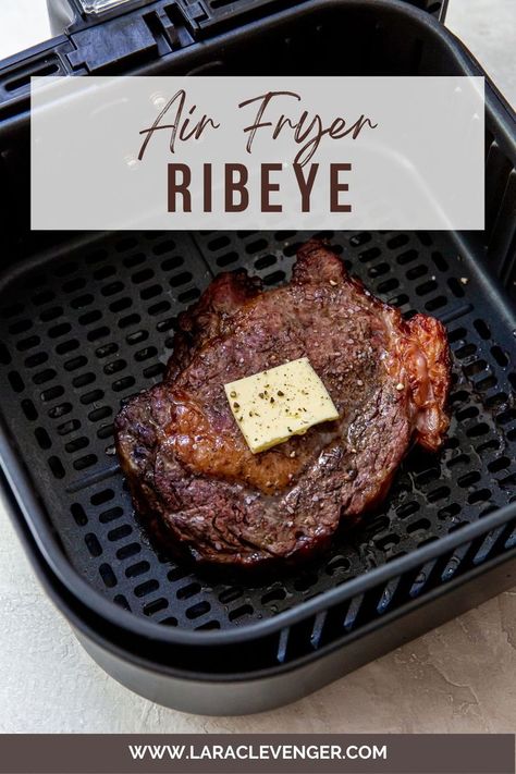 A cooked ribeye in an air fryer basket with butter and salt and pepper on top. Air Fryer Ribeye Steak Medium, Air Fryer Ribeye Steak, Air Fryer Ribeye, Air Fry Steak, Cooking Ribeye Steak, New Air Fryer Recipes, Air Fryer Recipes Snacks, Ribeye Steak Recipes, Air Fryer Steak