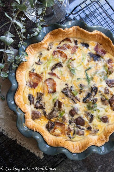 Bacon Mushroom Leek Quiche - Ask Anna Mushroom Leek Quiche, Creamy Quiche, Mushroom Leek, Brunch Quiche, Leek Quiche, Pie Crust From Scratch, Bacon Mushroom, Mushroom Quiche, Store Bought Pie Crust