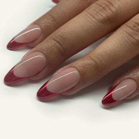 Chrome Red Tips Nails, Red French Tip Nails Crome, Chrome Red Nails French Tip, Red Tip Acrylics, Dark Red Chrome French Tip Nails, Red Chrome Tips Nails, Red French Nails Chrome, Red Chrome French Tip Nails Almond, Cherry Red French Tip Nails Almond