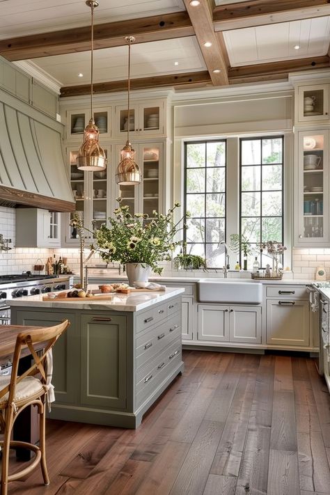 Historic Looking Kitchens, Relaxing Kitchen Ideas, Kitchens With Dark Hardwood Floors, Small Traditional Kitchen Remodel, Farmhouse Storage Room, High Ceilings Kitchen Cabinets, Farm Kitchens Country, Wood Cabinets With Grey Countertops, Flooring And Countertops