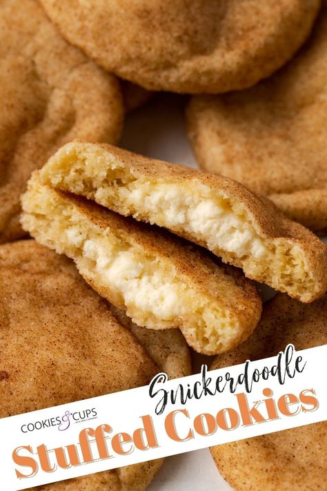 Cream Cheese Stuffed Snickerdoodle Cookies are everything you love about the classic recipe, but with a vanilla cream cheese filling! Stuffed Snickerdoodles, Best Coconut Cake Recipe, Soft Snickerdoodle Cookies, Snickerdoodle Cheesecake, Snickerdoodle Cookies Easy, Cream Cheese Cookie Recipe, Cookies And Cups, Snickerdoodle Recipe, Make Cream Cheese