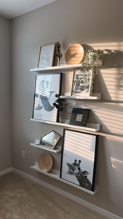 Ikea Shelves Wall Shelves Living Room, Wall Decor Shelves And Frames, Floating Shelves Photo Wall, Floating Shelf Wall Bedroom, Blank Wall Next To Tv, Shelf In Bedroom Wall, Black Floating Shelves Tv Wall, Shelves On Living Room Wall, Lack Shelves Living Room