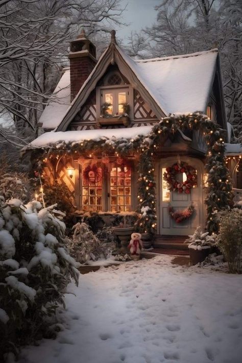 Small Winter House Exterior, Small Winter Home Exterior, Small Christmas Cottage Exterior, Winter Cottage Exterior, Cozy Christmas House Exterior, Cozy Winter House Exterior, Christmas Cottage Aesthetic, Winter House Aesthetic, Cozy Cabin Exterior