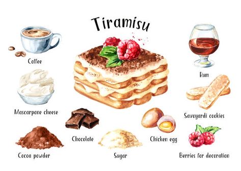 Tiramisu Italian, Homemade Recipe Books, Culinary Cooking, Homemade Cookbook, Recipe Drawing, 귀여운 음식 그림, Food Infographic, Tiramisu Recipe, Watercolor Food