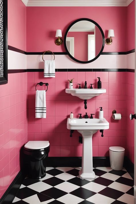 20 Stylish Pink And Black Bathroom Ideas – ToolzView Mid Century Pink Bathroom, Black White Pink Bathroom, Old Pink Bathroom, Checker Bathroom, Pink Toilet Room, Pink And Black Bathroom Ideas, Pink Black And White Bathroom, White And Pink Bathroom, Blue Vintage Bathroom