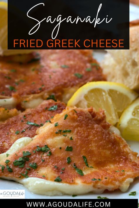 Saganaki (Fried Greek Cheese) - 4 ingredient easy at home appetizer. Golden, crispy outside, melty cheese inside with bright lemon flavor! #saganaki #friedcheese #kassaricheese #kassari #greekrecipe #greekcheese #greekappetizer#flamingcheese #easyappetizer #agoudalife Saganaki Recipe, Cheese Recipes Appetizers, Greek Appetizers, Greek Cheese, Greek Flavors, Lemon Flavor, Melty Cheese, Cheese Fries, Cheese Appetizers