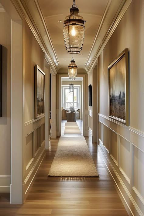 Stunning Hallways Interior Design, Light Hallway Ideas, Hallway Accent Wall Ideas, Long Hallway Decorating, Chic Accent Wall, Hallway Accent Wall, Beautiful Hallways, Accent Walls Ideas, Interior Bloxburg