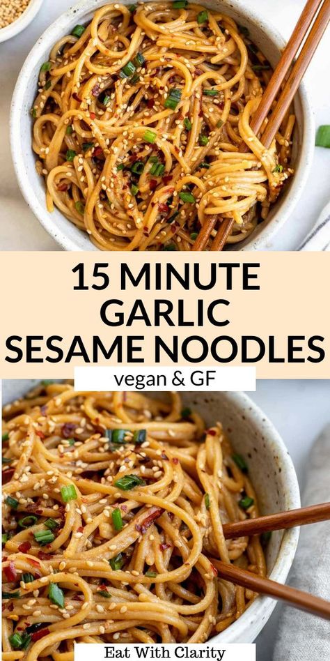 Garlic Sesame Noodles, Plats Healthy, Sesame Noodles, Noodle Recipe, Gluten Free Recipes Easy, Health Dinner Recipes, Gf Recipes, Vegan Dinner Recipes, Few Ingredients