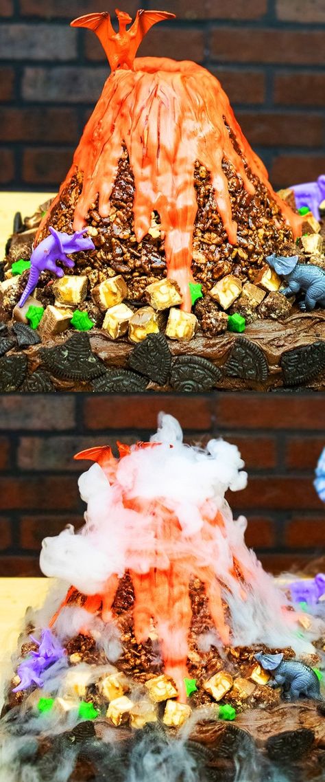 Erupting Volcano Cake {With Dry Ice Smoke} - CakeWhiz Exploding Volcano Cake, Volcano Cupcake Cake, Donut Volcano Cake, Volcano Cake Ideas, Volcano Snacks, Volcano Cakes For Kids, Food Volcano, Edible Volcano, Erupting Volcano Cake