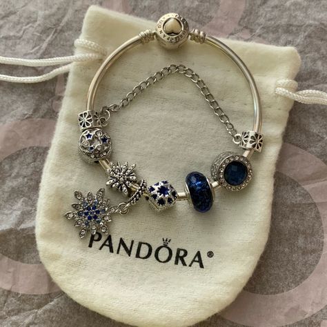 Brand New Nwt Authentic Pandora Sterling Silver Loving Heart White Enamel Bangle Bracelet With Crystal Star Moon Snowflake Galaxy Heart Blue Theme Charms Jewelry Bracelet Is Authentic Pandora In Great Condition. Sterling Silver 925. Discontinue Hard To Find Charms Are Non Brand Charms That I Placed On The Bracelet For You. They Are All Brand New. Please Review All Photos. You’ll Get Everything In Photos. Very Pretty Bracelet Set. Come With Pandora Dust Bag As Shown. Fashion Forever Love Beads Ch Pandora Celestial Bracelet, Full Pandora Charm Bracelet, Pandora Bracelet Designs Unique, Silver Pandora Bracelet Ideas, Moon Charm Bracelet, Pandora Bracelet On Wrist, Pandora Bracelet Blue Theme, Silver Charm Bracelets, Pandora Summer Bracelet