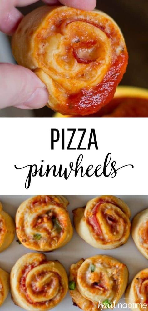 Easy Pizza Pinwheels - Made with fluffy crescent rolls, marinara and all your favorite pizza toppings. The perfect snack or appetizer that's ready in just 20 minutes! #pizza #pizzarolls #pizzarecipes #pinwheels #appetizers #snacks #appetizerideas #snackideas #snacksforkids #crescentrolls #recipes #iheartnaptime Pinwheels Appetizers, Pizza Pinwheels, Crescent Roll Pizza, Pizza Roll Up, Pinwheel Appetizers, Pizza Appetizers, Pizza Roll, Scrumptious Food, Pizza Snacks