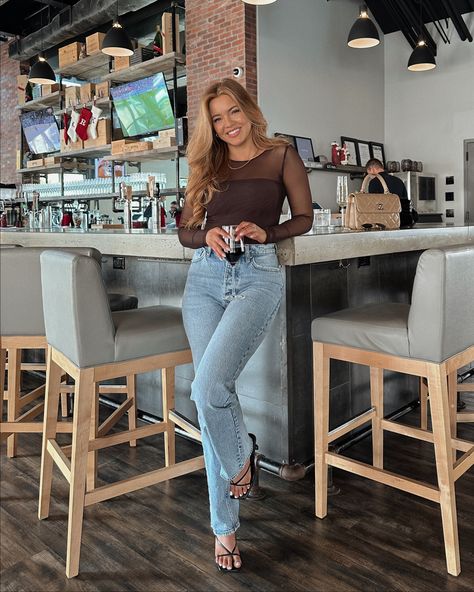 Arizona Dinner Outfit, Bar Going Out Night Out Outfit, Mesh Bodysuit Outfit Jeans, Long Sleeve Body Suit Outfits Jeans, Semi Formal Evening Outfits For Women, Mesh Long Sleeve Outfit, Mesh Top And Jeans Outfit, Black Sheer Bodysuit Outfit, Brown Sheer Top Outfit