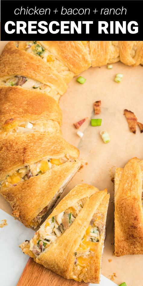 Chicken Bacon Ranch Crescent Ring Chicken Bacon Ranch Crescent, Crescent Roll Ring Recipes, Chicken Crescent Ring, Game Day Foods, Crescent Ring Recipes, Crescent Roll Recipes Dinner, Cranberry Jello Salad, Gameday Party, Football Foods