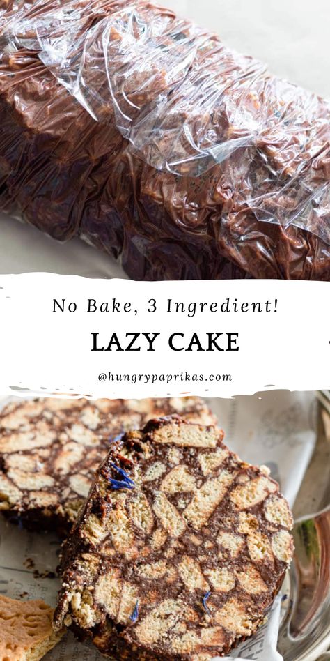 Top photo: lazy cake rolled in plastic wrap Bottom photo: slices of lazy cake on a tray 3 Ingredient Cakes Recipes, Healthy Lazy Cake, Lazy Cake Recipe, Cake Recipes Without Milk, Hungry Paprikas, Quick Yummy Desserts, Cake No Bake, Lazy Cake, Cake Recipes Without Eggs