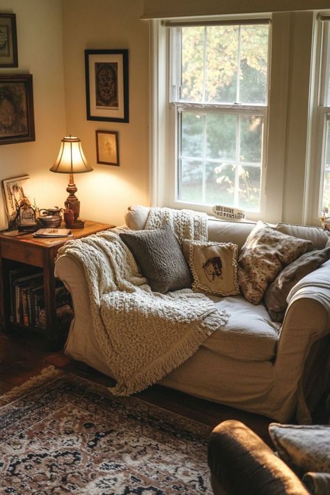 Cozy Living Rooms Bookshelves, Cozy Christian Home, Nostalgic Home Aesthetic, 1800s Victorian Farmhouse, Old Home Updates, Cottage Living Room Lighting, Modern Folk Home, Farmhouse Vintage Living Room, Cozy 90s Home