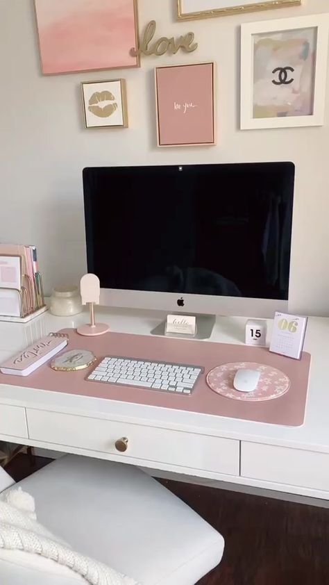 Desk With Two Monitors Office Ideas, Work Office Decor, Cozy Home Office, White Desk, Office Room Decor, Study Room Decor, Craft Room Office, Room Makeover Bedroom, Home Office Setup