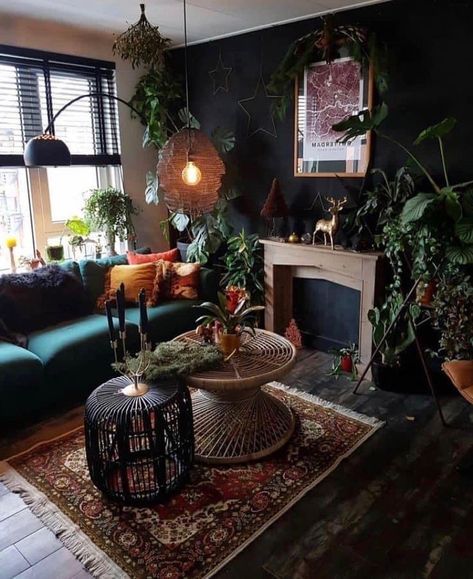 Dark Moody Living Room Bohemian, Living Room Decor Gothic, Earthy Gothic Living Room, Gothic Boho Bedroom Ideas, Gothic Boho Interior Design, Living Room Designs Gothic, Two Coffee Tables In Living Room Layout, Earthy Goth Aesthetic Bedroom, Gothic Apartment Decor Living Room