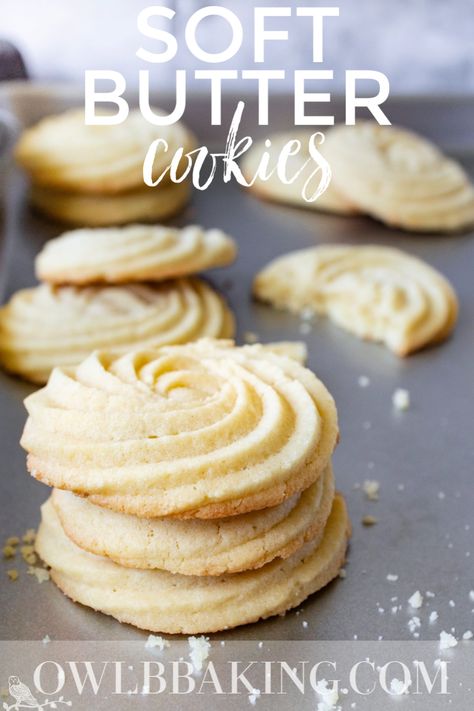 These Soft Butter Cookies are delicate, tender and are melt in your mouth buttery! Also sometimes called Danish Butter Cookies, these cookies have a classic swirl design. The best, basic butter cookie recipe. #buttercookies #danishbuttercookies #basicbuttercookies #cookierecipes #softcookies Quick Homemade Cookies, Soft Butter Cookies Recipe, Soft Butter Cookies, Butter Cookie Recipe, Danish Butter Cookies, Butter Cookies Recipe, Homemade Butter, Butter Cookie, Easy Cookie Recipes