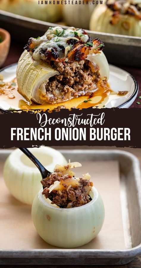 Two images, one of a deconstructed onion burger on a plate, cooked and ready to serve.  The other image is of the onion being filled prior to cooking. Hamburger And Onion Recipes, Meatball Stuffed Onions, Beef Lunch Ideas, Onion Dinner Recipes, Stuffed Hamburger Recipes, Stuffed Onions Recipes Ground Beef, French Onion Burger, Ground Beef French Onion Soup, Stuffed Burgers