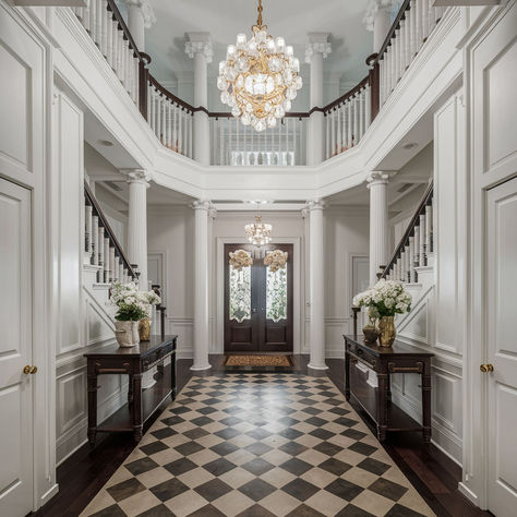 8 Ways To Decorate Your Lobby and Foyer For a Grand Entrance Grand Entrance Ideas, Colonial Foyer, Grand Foyer Entrance, Home Foyer, Home Lobby, Traditional Apartment, Creating An Entryway, Old Money House, Foyer Entrance