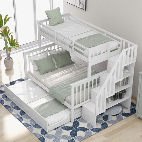 PRICES MAY VARY. 【Bunk Beds Twin Over Full With Twin Trundle】 Simple stylish bunk bed twin over full with twin trundle , 4 steps stairs, stairs with handrails. It can also be separate into three individual beds. Bunk bed is a space saver for your room. 3 colors for choose( Gray/ White/ Espresso) 【Safety Protection for Top Twin Bed】To protect the user the top twin size bed with guard rails around, and 4 step stairs with handrails. 【Material Of The Wooden Bunk Bed】 This Bunk Beds with stairs made Kids Double Bed, Bunk Beds Small Room, Double Bunk Beds, Twin Over Full Bunk Bed, Guard Rail, Wooden Bunk Beds, Full Bunk Bed, Bunk Beds With Storage, Bunk Beds With Stairs