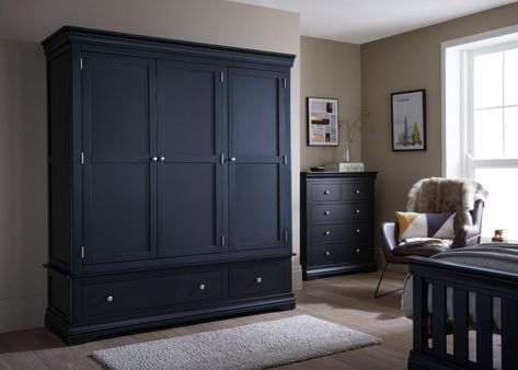 Farrow And Ball Wardrobe, Black Wardrobe Furniture, Black Wardrobe Bedroom, Black Furniture Bedroom, Navy Wardrobe, Wood Furniture Bedroom Decor, Dark Wood Bedroom Furniture, Wardrobe With Drawers, Dark Wood Bedroom