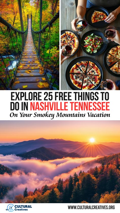 Colorful fall foliage on a suspension bridge, friends sharing pizza, and a scenic mountain sunrise represent the experiences highlighted in Explore 25 Free Things To Do in Nashville Tennessee. Things To Do Tennessee, Tennessee Day Trips, Things To Do In Sevierville Tennessee, Things To Do In Nashville Tennessee, Things To Do In Tennessee, Tennessee Family Vacation, Nashville Things To Do, Tennessee Gatlinburg, Tennessee Living