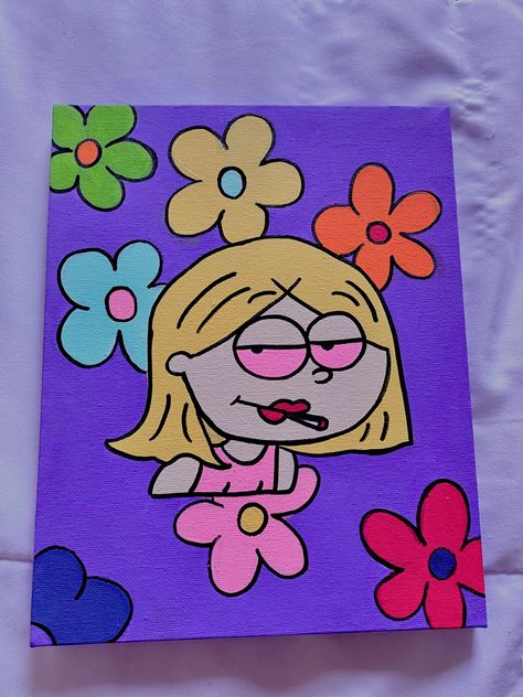 canvas art painting acrylic cartoon lizzie mcguire easy beginners Lizzie Mcguire Drawing, Canvas Cartoon Art, Random Canvas Painting Ideas, Cartoon Art Colorful, Things To Paint Around The House, Lizzie Mcguire Cartoon Drawing, Groovy Paintings Ideas Canvas, Picture Painting Ideas Easy, Tumblr Paintings