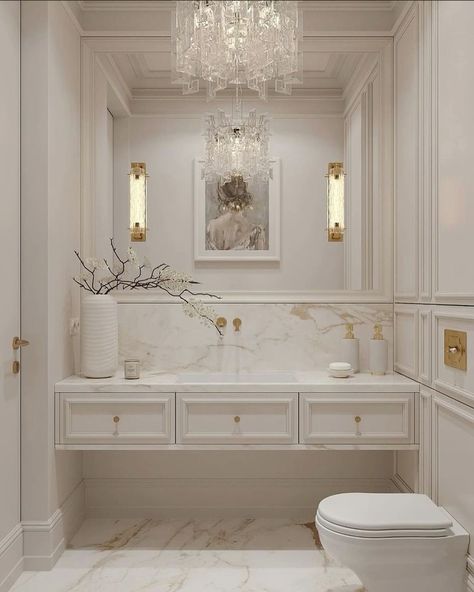 Classic Design Bathroom, Classic Moodboard Interior Design, Parisian Interior Bathroom, Bathroom New Classic, Small Classic Bathroom, Classic Guest Bathroom, Classic Vanity Design, Green Powder Room Ideas, Neo Classical Bathroom