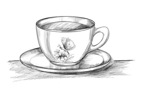 Coffee cup with plate hand drawn sketch Tea Cups Sketch, Tea Cup Sketch Drawing, Cup Sketch Drawings, Cup Of Coffee Sketch, How To Draw A Plate, Cup Plate Drawing, Plate Drawing Sketch, Cup Art Drawing, Palak Kofta Recipe