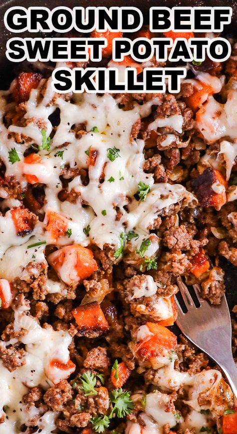 Ground beef sweet potato skillet is an easy one-pot dinner. Chopped sweet potato, ground beef, onion, and spices are cooked in a frying pan and topped with mozzarella cheese. This is a great recipe for those lazy weeknights when you want something quick and fast. Dinner Ideas With Ground Beef And Sweet Potatoes, Ground Beef Sweet Potato Crockpot Recipes, Recipes With Ground Beef And Sweet Potatoes, Sweet Potato And Hamburger Recipes, Turkey And Sweet Potato Skillet, Ground Beef And Sweet Potato Recipes, Ground Beef Sweet Potato Skillet, Sweet Potato Ground Beef, Ground Beef Sweet Potato