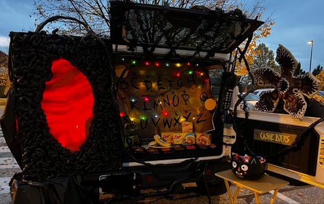 Trunk Or Treat Ideas Stranger Things, Trunk Or Treat Stranger Things, Stranger Things Trunk Or Treat Ideas, Trunk Or Treat Ideas For Jeep Wrangler, Stranger Things Trunk Or Treat, 1980s Phone, Christmas Lights Backdrop, Castle Byers, Hogwarts Halloween