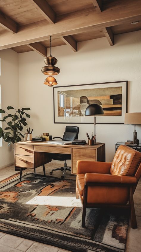 Blend the best of both styles with a mid-century modern meets Southwestern office. Explore design ideas that combine clean lines, earthy tones, and rustic elements for a unique and stylish workspace. #MidCenturyModern #SouthwesternStyle #HomeOfficeDesign #OfficeDecor #InteriorDesign #ModernSouthwestern #WorkspaceInspiration #RusticModern Southwestern Office, Mcm Office, Mid Century Office, Mid Century Modern Office, Boho Office, Rustic Office, Modern Office Design, Stylish Home Decor, Office Wall Decor