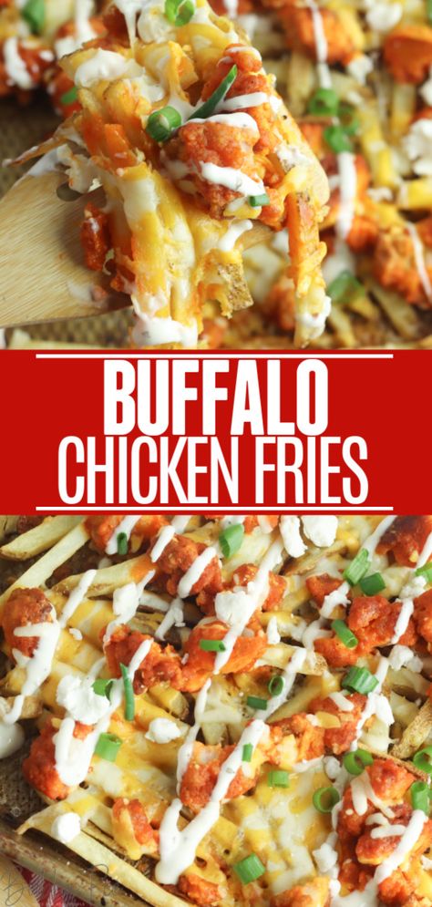 Buffalo Chicken Fries Recipes, Chicken Tenders Buffalo, Chicken Fries Recipe, French Fries Loaded, Fries Nachos, Loaded Fries Recipe, Buffalo Chicken Fries, Buffalo Fries, Chicken Nachos Recipe