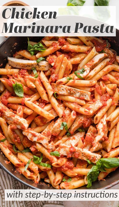 This Chicken Marinara Pasta recipe is fast, delicious, and family-friendly, with a simple from-scratch sauce, tender pan-fried chicken breasts, and plenty of basil and Italian seasonings. You'll love this fresh take on comfort food! Marinara And Chicken Recipes, Best Marinara Pasta Recipe, Chicken Spaghetti Marinara, Pasta Dishes With Marinara Sauce, Marinera Chicken Pasta, Chicken In Marinara Sauce, Chicken Recipes With Marinara Sauce, Chicken And Marinara Sauce, Chicken Pasta With Marinara Sauce