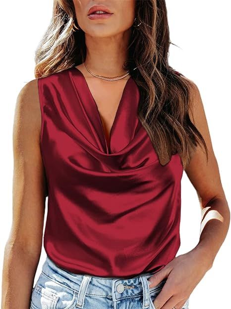 Chigant Womens Silk Satin Tank Tops Cowl Neck Casual Cami Sleeveless Camisole Blouses Summer Basic Loose Shirt at Amazon Women’s Clothing store Satin Tank Top, Summer Basics, Loose Shirt, Loose Shirts, Casual Tank Tops, Red Satin, Amazon Women, Silk Satin, Cowl Neck