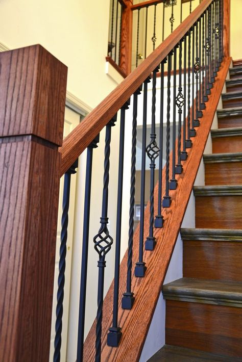 Baluster Ideas, Iron Stair Balusters, Stair Railing Makeover, Staircase Styles, Metal Balusters, Straight Stairs, Interior Stair Railing, Stair Rails, Wrought Iron Staircase