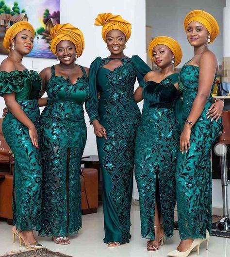 Lace Bridesmaid Dresses Ghana, Latest Aso Ebi Styles 2023, Yoruba Bridesmaid Dresses, Simple Nigerian Wedding Guest Outfit, Traditional Bridesmaid Dresses African, Nigerian Bridesmaid, Emerald Green Lace Dress, Latest Lace Styles, Lace Styles For Wedding