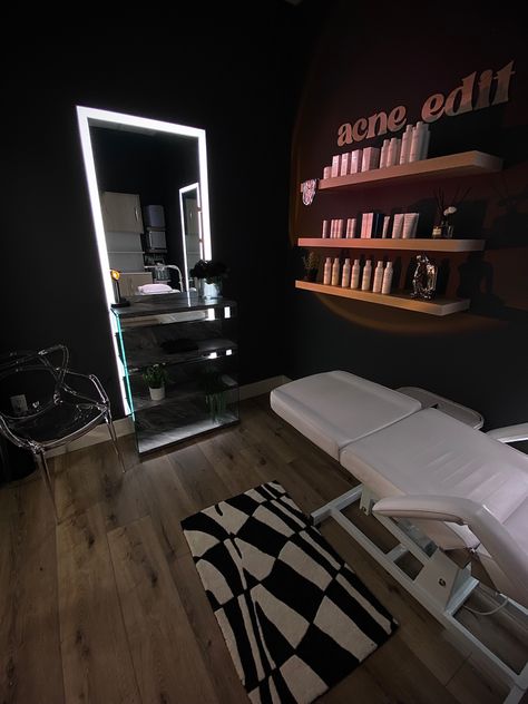 Halloween Esthetician Room, Esthetician Makeup Room, Shared Esthetician Room, Business Room Design, Gray Esthetician Room, Black Esthetician Room Ideas, Esthetician Room In Home, Black Lash Studio Decor, Nail Room Black And White