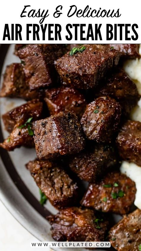 Air Fryer Steak Bites – WellPlated.com Airfryer Garlic Butter Steak Bites, Air Fry Steak Bites Recipes, Ribeye Steak Bites In Air Fryer, Healthy Air Fryer Steak Bites, Sirloin Recipes Easy, Air Fry Garlic Butter Steak Bites, Air Fried Steak Tips, Best Air Fryer Steak Recipes, Airfry Steak Bites Recipe