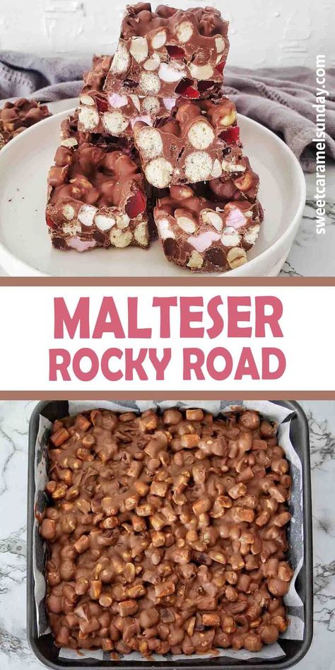 Malteser Rocky Road, Best Rocky Road Recipe, Easy Rocky Road Recipe, Maltese Recipes, Rocky Road Recipe, No Bake Recipe, Tray Bake Recipes, Christmas Candy Recipes, Easy No Bake