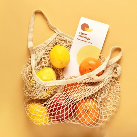 Flyer mockup in a reusable net bag with fruits | premium image by rawpixel.com / KUTTHALEEYO Plastic Bag Design, Bamboo Background, Eco Food, Menu Mockup, Travel Utensils, Paper Bag Design, Flyer Mockup, Trending Images, Image Paper