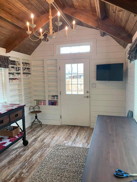 She Shed Farmhouse Style, She Shed Work Space, Storage Shed Remodel, Bedroom In Shed, She Shed Wood Shop, Shed Into Office Space, He Shed Interior Ideas, She Shed Small Business, She’d To House Conversion