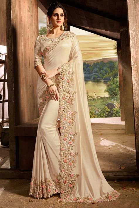 Occasion Wear Art Silk Saree In Cream Color With Border Work Gaun Fashion, Salwar Kamiz, Saree Designs Party Wear, Indian Sarees Online, Ethnic Sarees, Sarees Party Wear, Designer Sarees Online, Utsav Fashion, Ghagra Choli