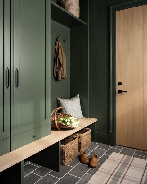 Studio McGee (@studiomcgee) | Instagram Mcgee And Co Mudroom, Mudroom Cupboards, Studio Mcgee Mudroom, Boho Mudroom, Mudroom Ideas Entryway Laundry, Green Cupboards, Best Cabinet Paint, Small Mudroom Ideas, Mudroom Remodel