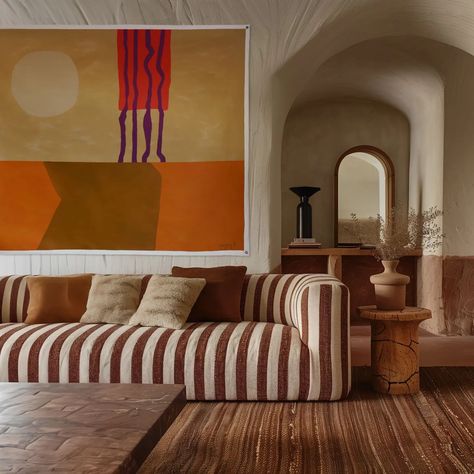 Chapter 4: And Then We Saw The Desert - 195cm x 163cm Large original painted tapestry. #tapestry #desertart #warmcolors #warminteriors #calmvibes #artinterior #interiordesignart #horizons #orangetones #abstractwallart #earthtones #contemporarypainting #tenture #interiordecor Large Art Ideas, Desert Interior Design Living Room, Desert Interior Design, Painted Tapestry, Desert Living Room, Lounge Room Ideas, Wood Couch, Painted Sofa, Snug Room