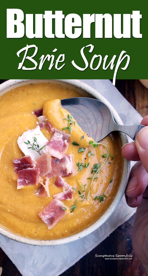 Butternut Squash And Brie Soup, Brie And Butternut Squash Soup, Brie Soup, Beer Soup, Butternut Soup, Crazy Kitchen, Rosemary Sage, Brie Recipes, Brie Cheese