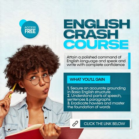 A simple flyer for an English crash course Photoshop Course Poster, Checklist Social Media Post, English Course Design, Masterclass Flyer Design, English Course Poster Design, Online Course Poster, Online Classes Poster, Course Flyer Design, Course Poster